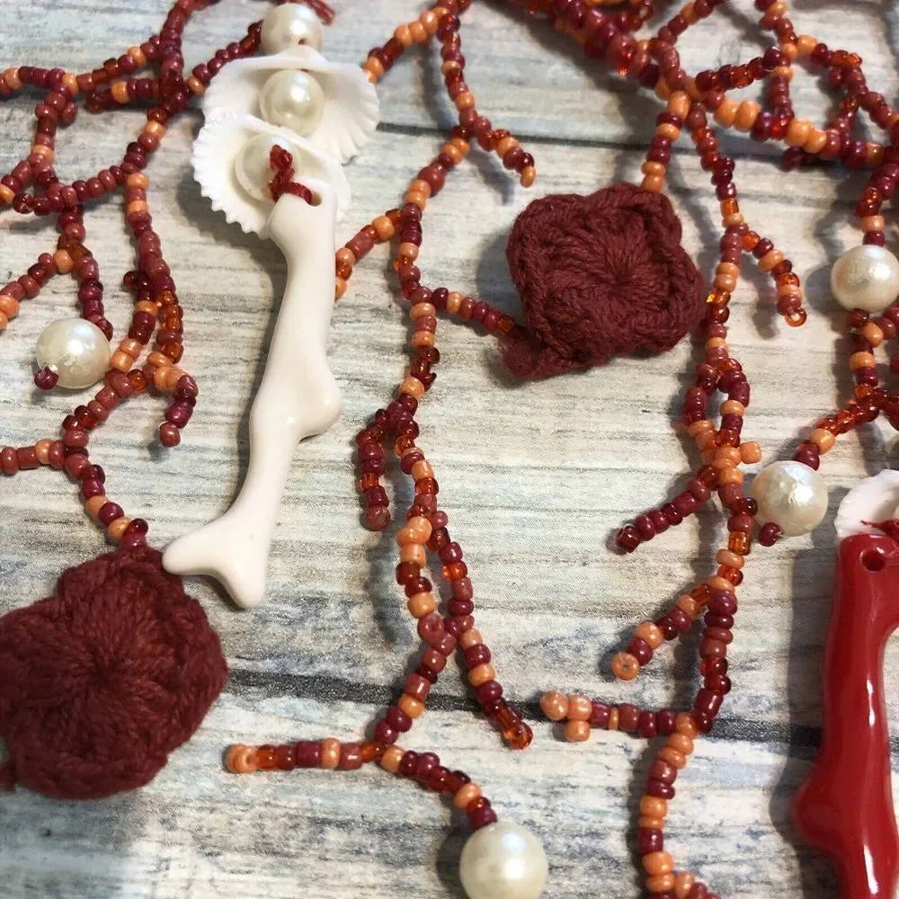 Artisan Handmade Faux Coral Pearl Necklace Acrylic Crochet Shells Red Orange 48